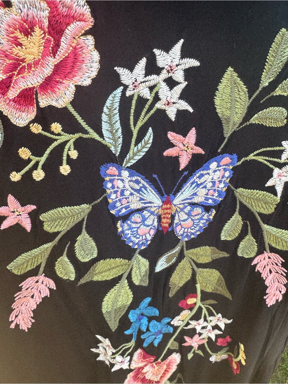 Johnny Was Black Floral Embroidered T-Shirt Dress with Butterfly - Picture 2 of 4
